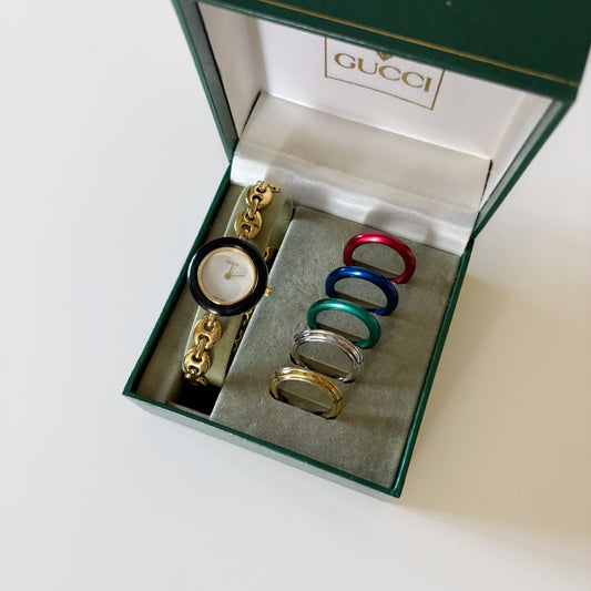 Gucci 1990s Interchangeable Bezel Gold Plated with 6 bezels, box