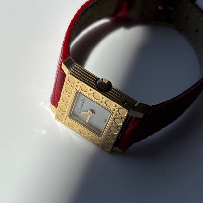Dior 1990s La Parisienne Interchangeable Strap Square Dial Gold Plated Watch with 3 straps, case