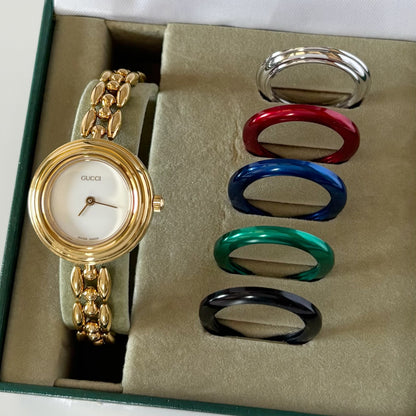 Gucci 1990s Interchangeable Bezel Gold Plated Race Chain Watch with case, 6 bezels (160mm)