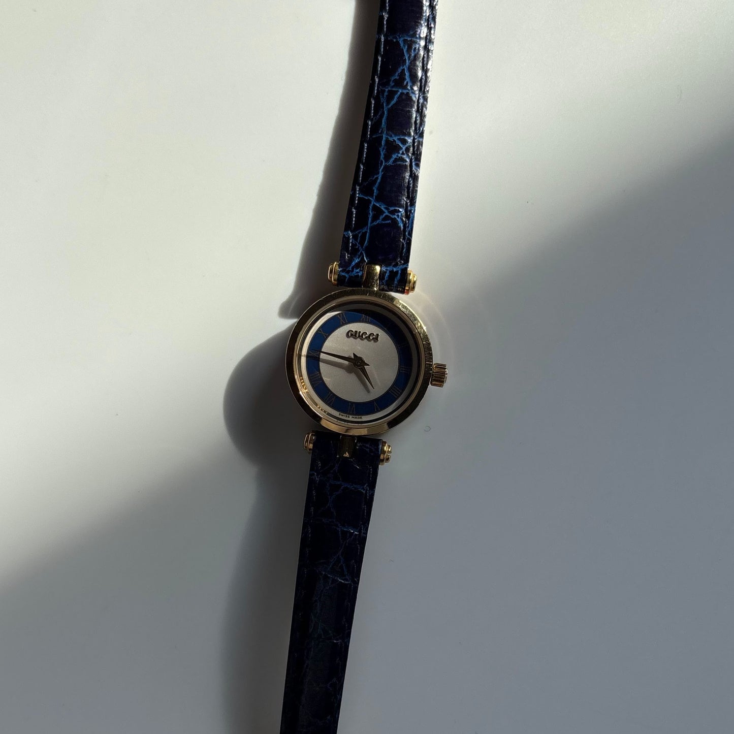 Gucci 1990s Round Dial Blue Gold Plated Watch