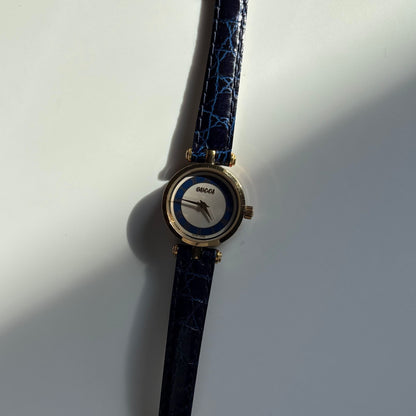 Gucci 1990s Round Dial Blue Gold Plated Watch