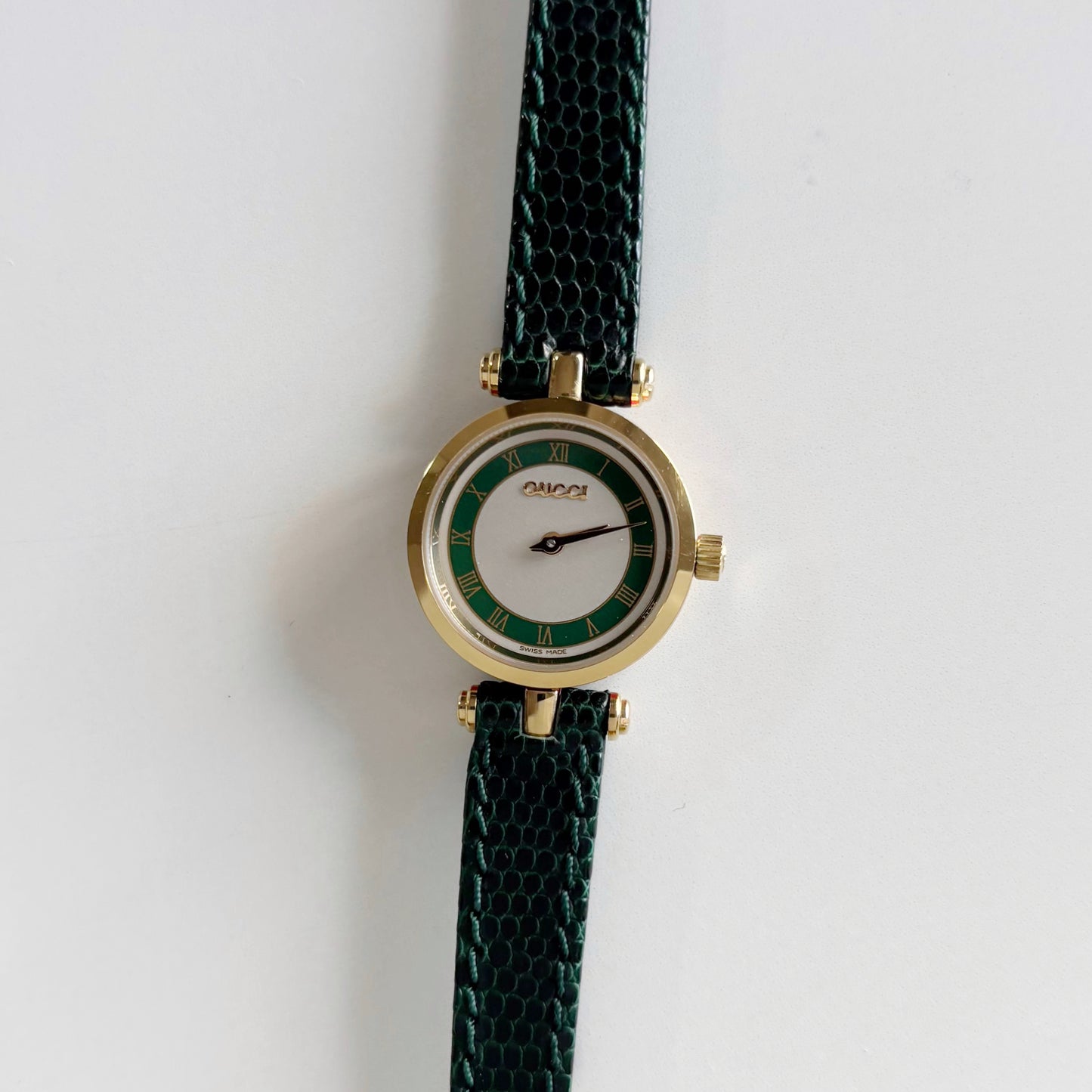 Gucci 1990s Green Sherry Round Dial Gold Plated Watch