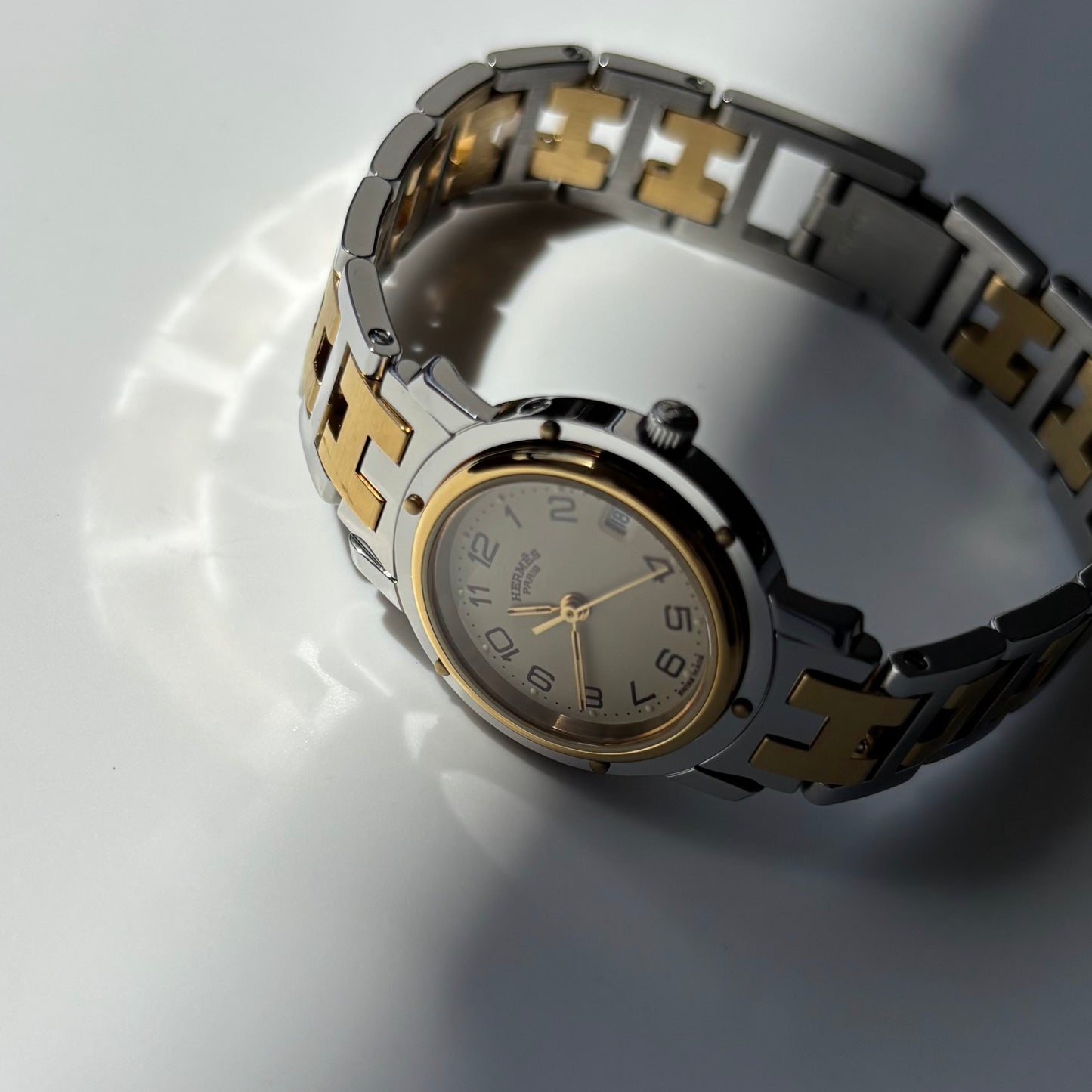 Hermes 1990s Clipper Date Round Dial Gold Plated Two Tone Watch