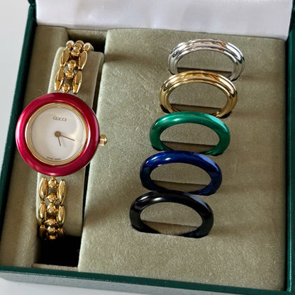 Gucci 1990s Interchangeable Bezel Gold Plated Rice Chain Watch with 6 bezels, case (160mm)