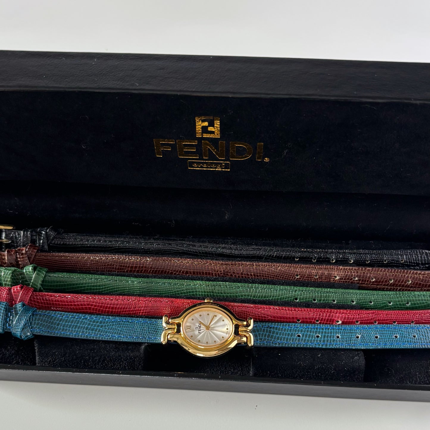 Fendi 1990s Interchangeable Strap Gold Plated Watch with 5 straps, case