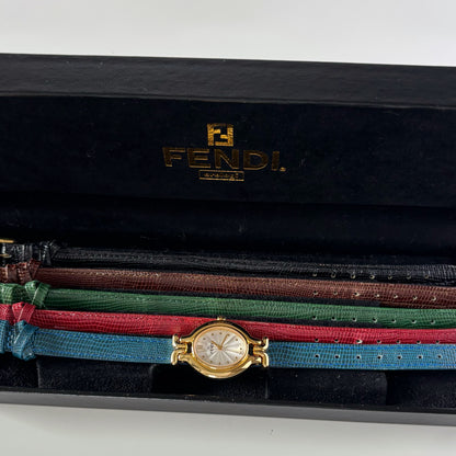 Fendi 1990s Interchangeable Strap Gold Plated Watch with 5 straps, case