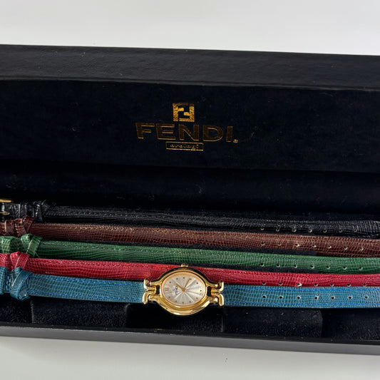 Fendi 1990s Interchangeable Strap Gold Plated Watch with 5 straps, case