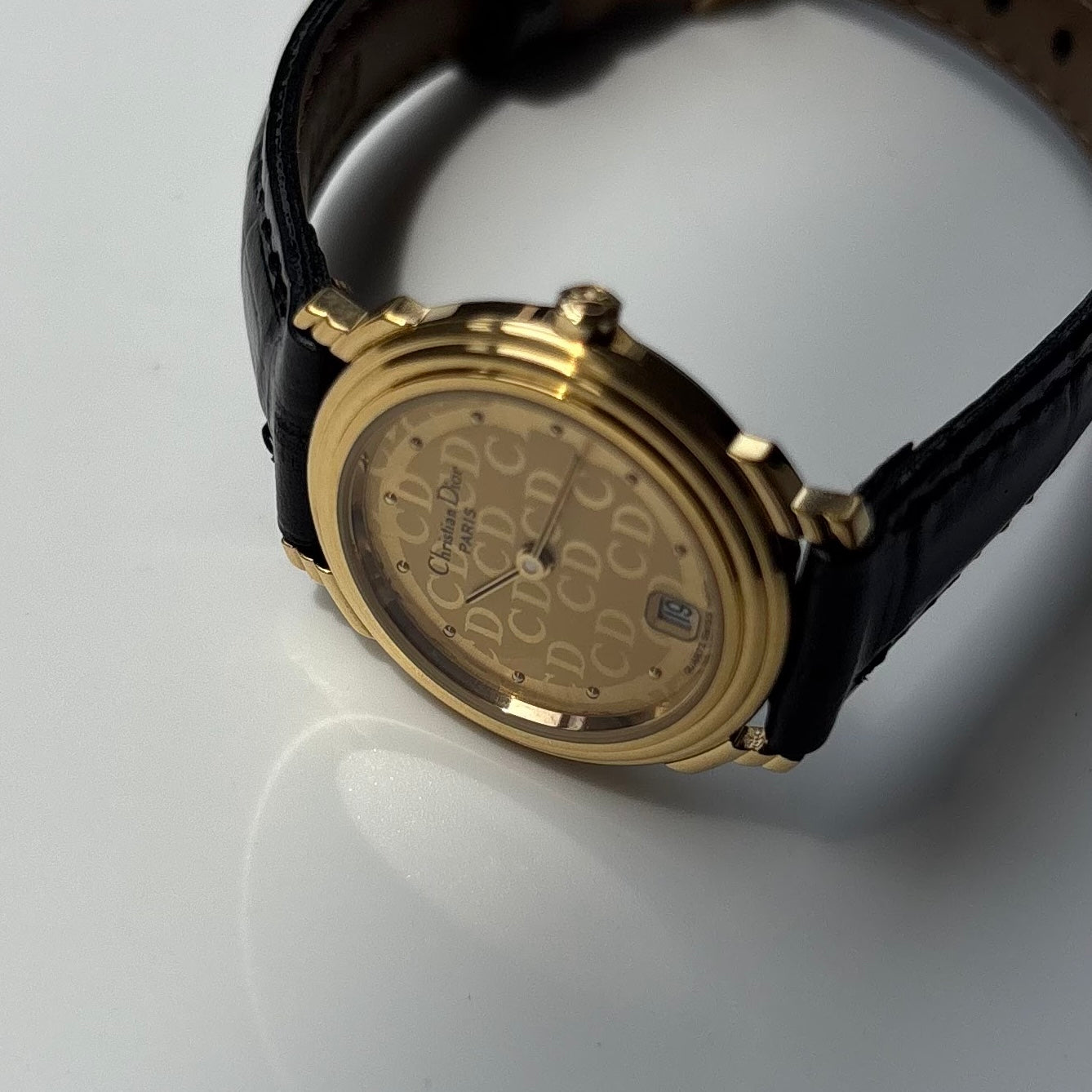 Dior 1990s Date CD Logo Round Dial Gold Plated Watch