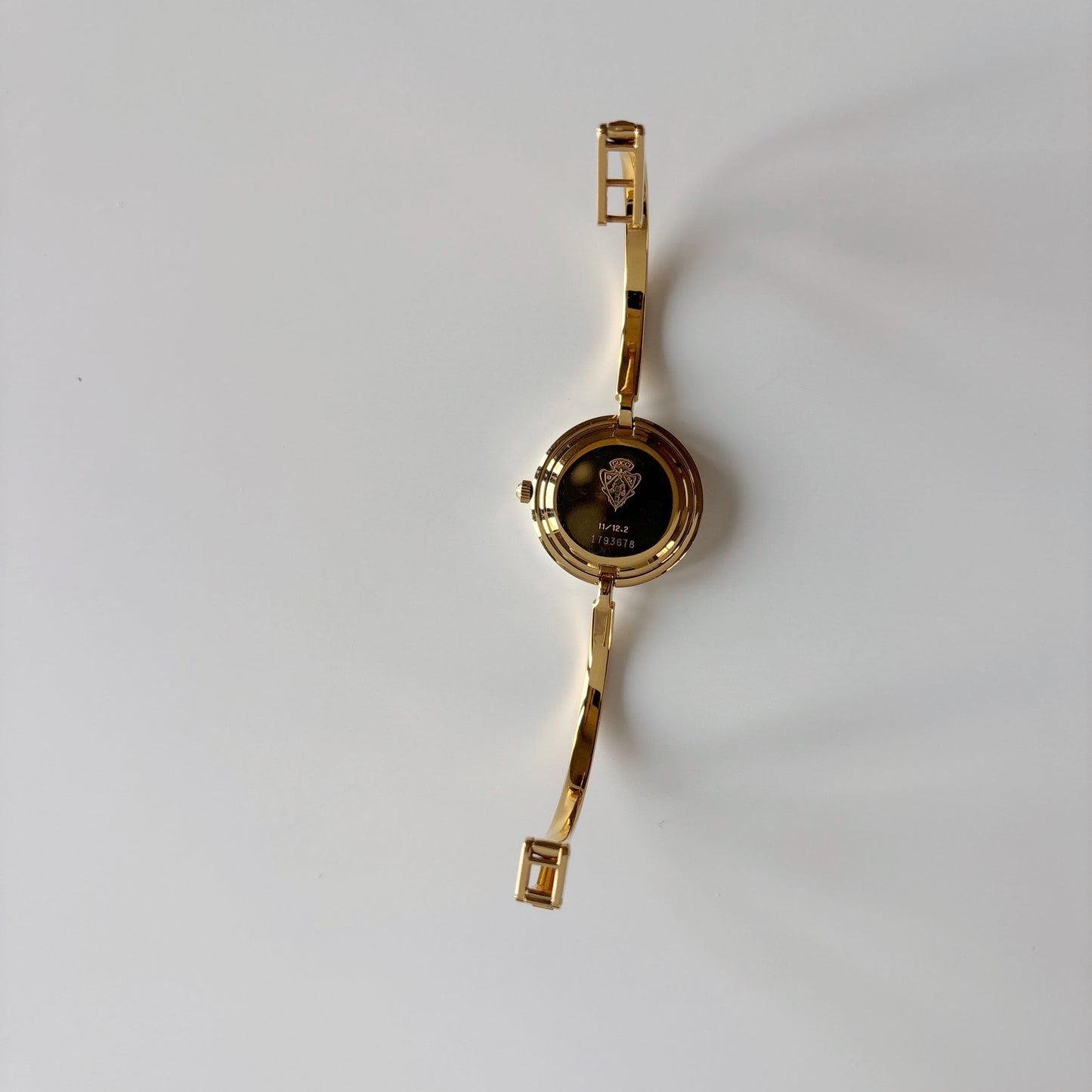 Gucci 1990s Interchangeable Bezel Gold Plated Bangle Watch with case, 12 bezels (Small)