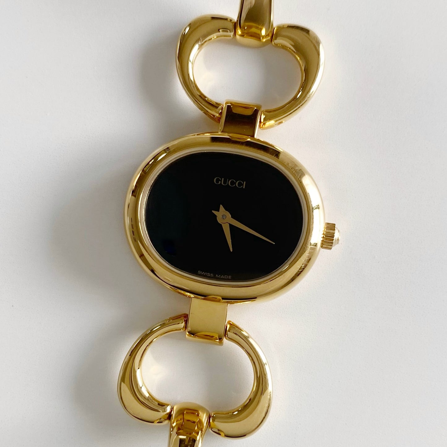 Gucci 1990s Black Dial Gold Plated Bangle Watch