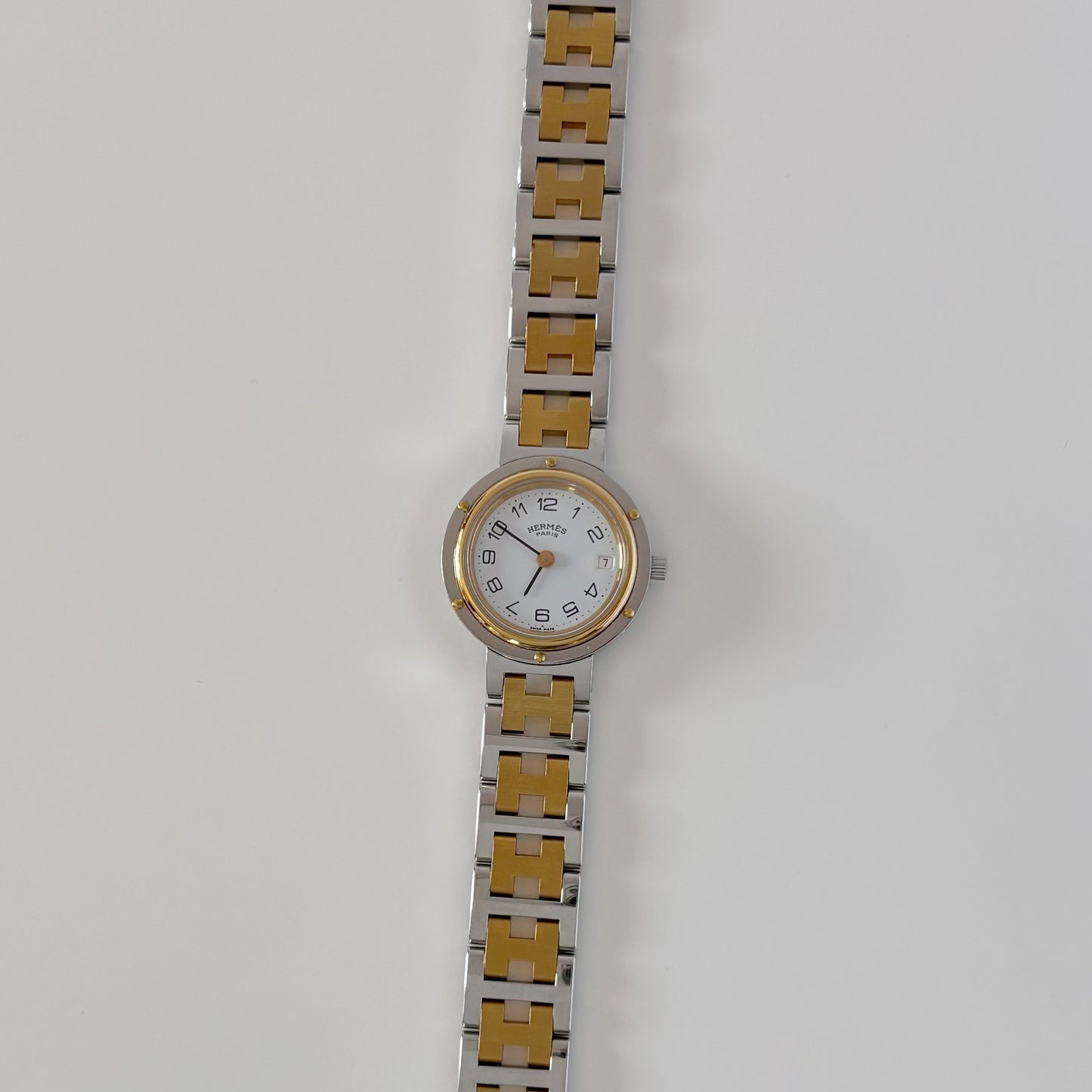 Hermes Early 2000s Clipper White Round Dial Two Tone Watch