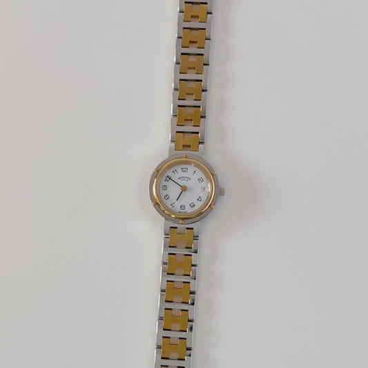 Hermes Early 2000s Clipper White Round Dial Two Tone Watch