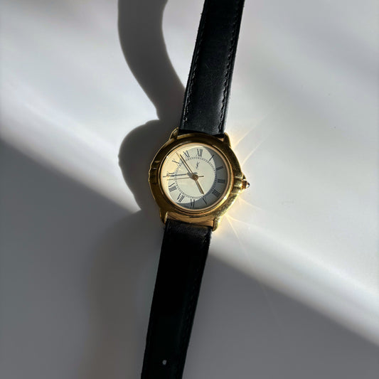 Yves Saint Laurent 1990s Gold Roman Numerals Black Leather Watch