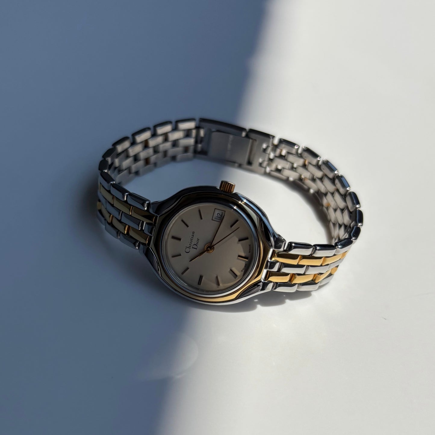 Dior 1990s Date Round Dial Two Tone Gold Plated Watch