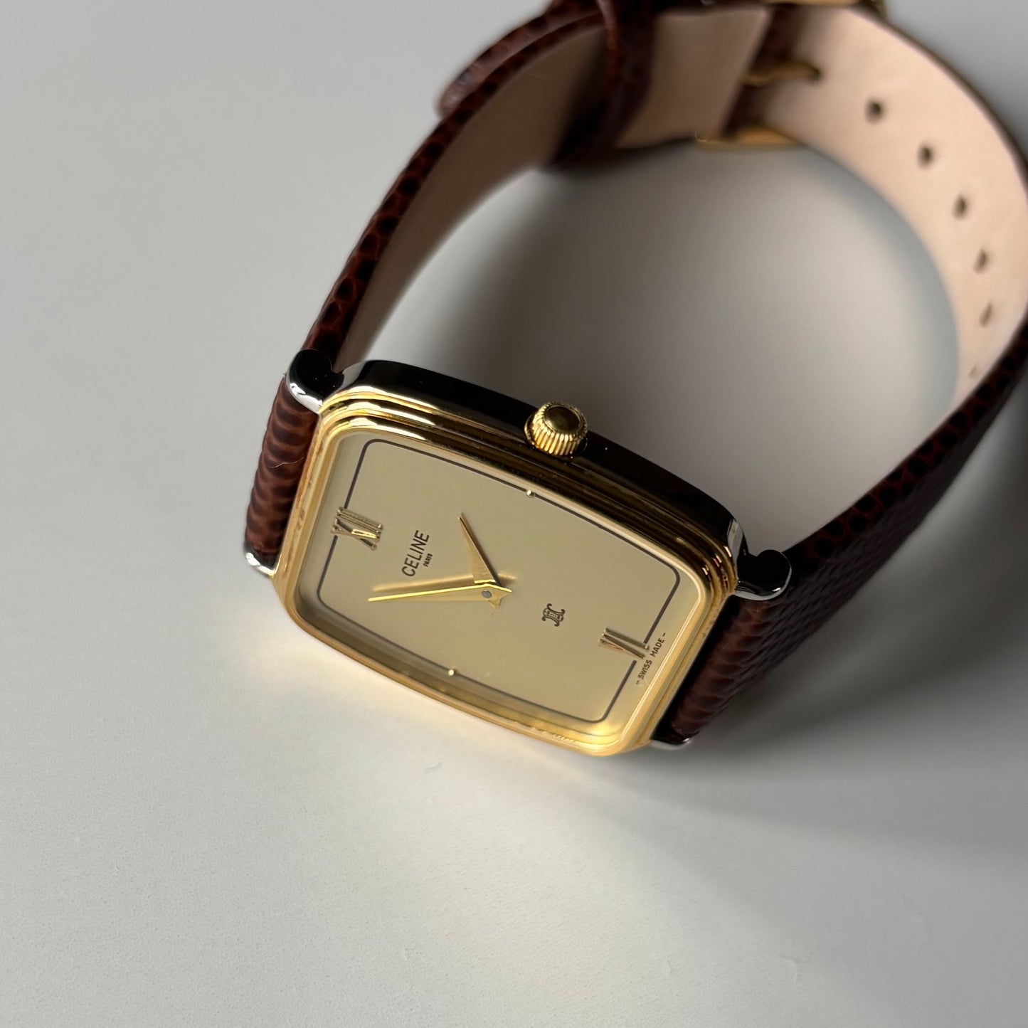 Celine 1980s Rectangular Dial Two Tone Watch (Large)