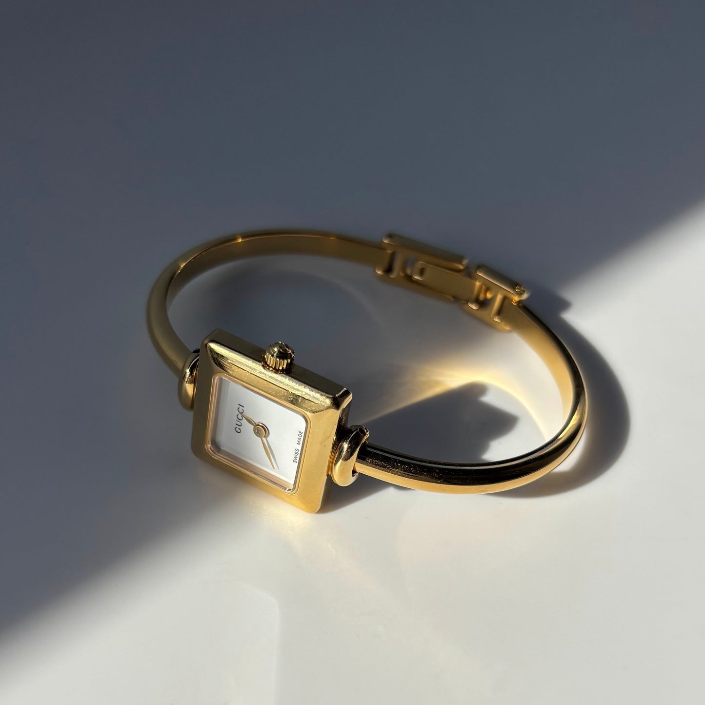 Gucci 1990s Square Dial Gold Plated Bangle Watch