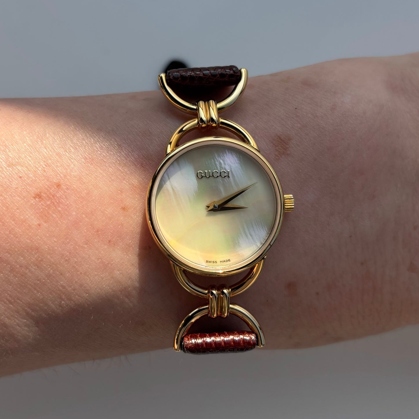 Gucci 1990s Seashell Dial Horsibit Gold Plated Watch