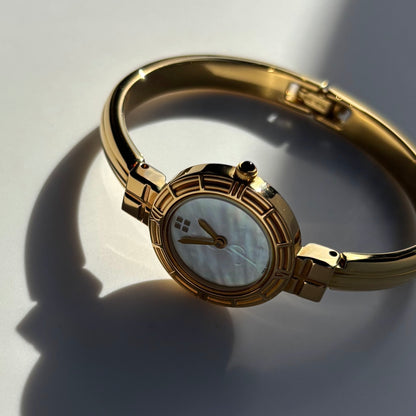 Yves Saint Laurent 1990s Seashell Dial Gold Plated Bangle Watch (Small)