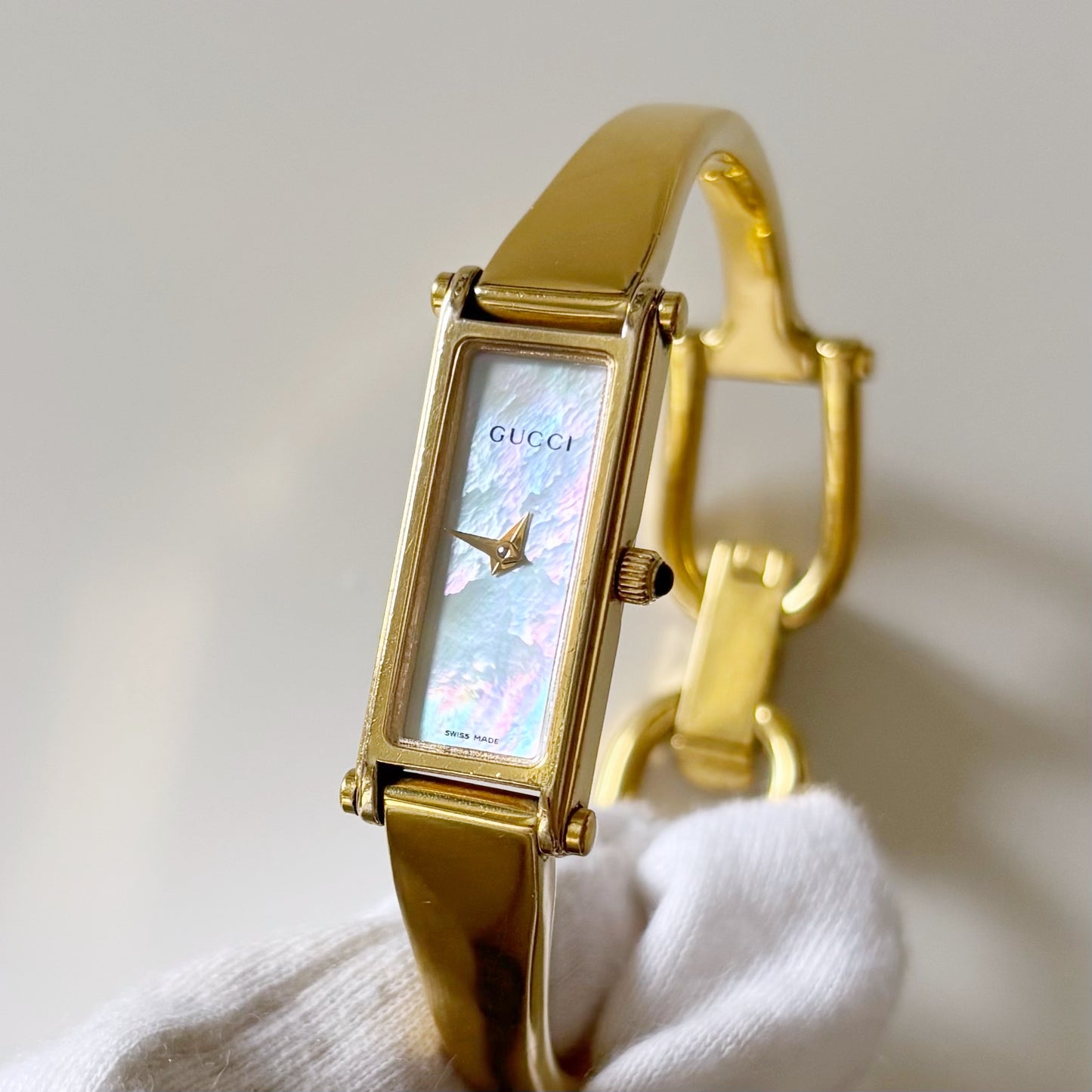 Gucci 1990s Seashell Dial Rectangular Gold Plated Bangle Watch
