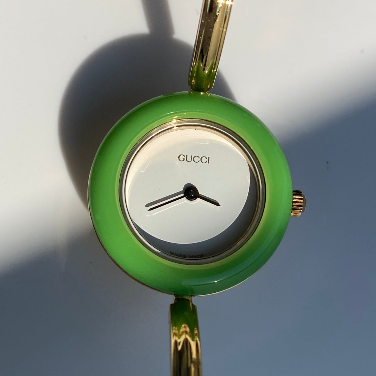 Gucci 1990s Interchangeable Bezel Gold Plated Bangle Watch with 12 bezels, case (Small)