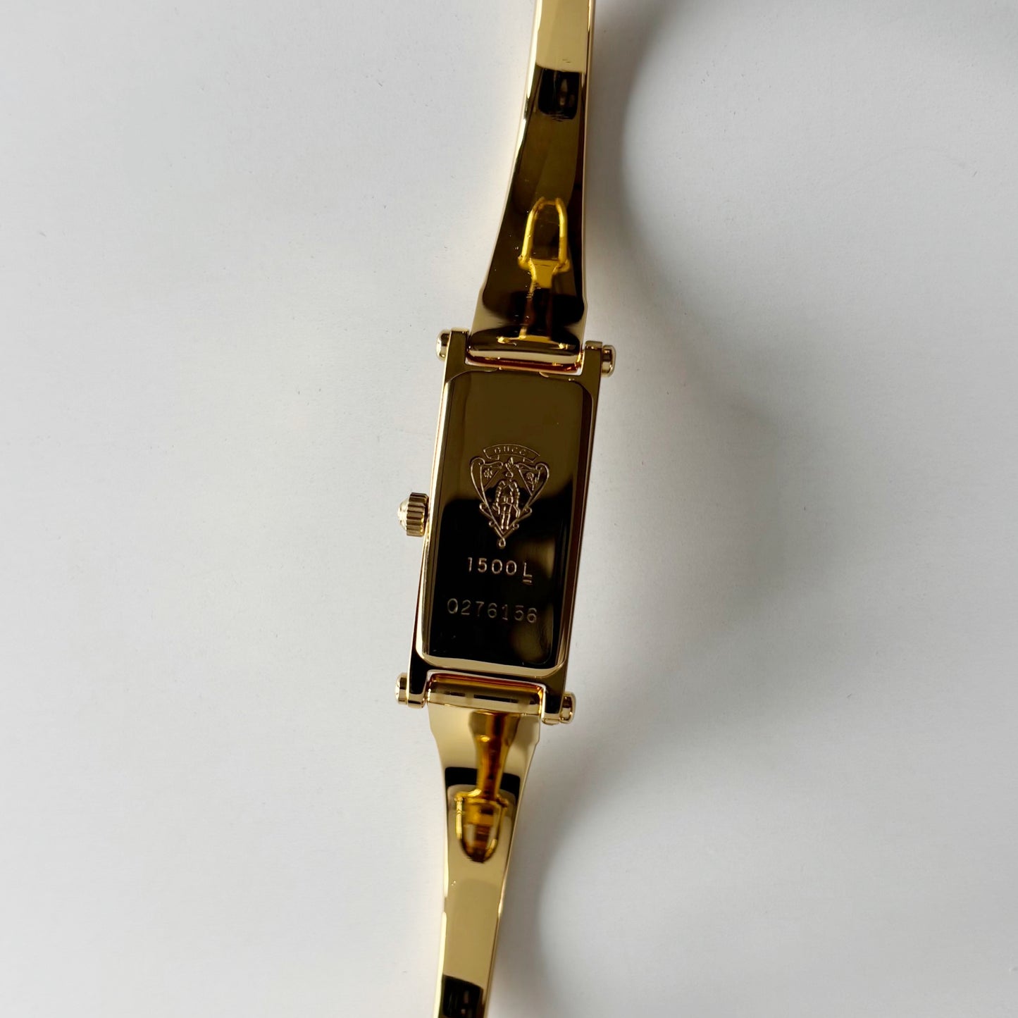 Gucci 1990s Seashell Rectangular Dial Gold Plated Bangle Watch