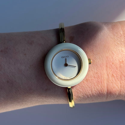 Gucci 1990s Interchangeable Bezel Gold Plated Bangle Watch with 12 bezels, case (Small)