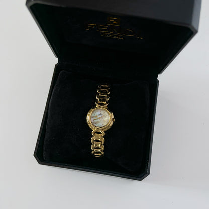 Fendi 1990s Seashell Dial Gold Plated Round Watch