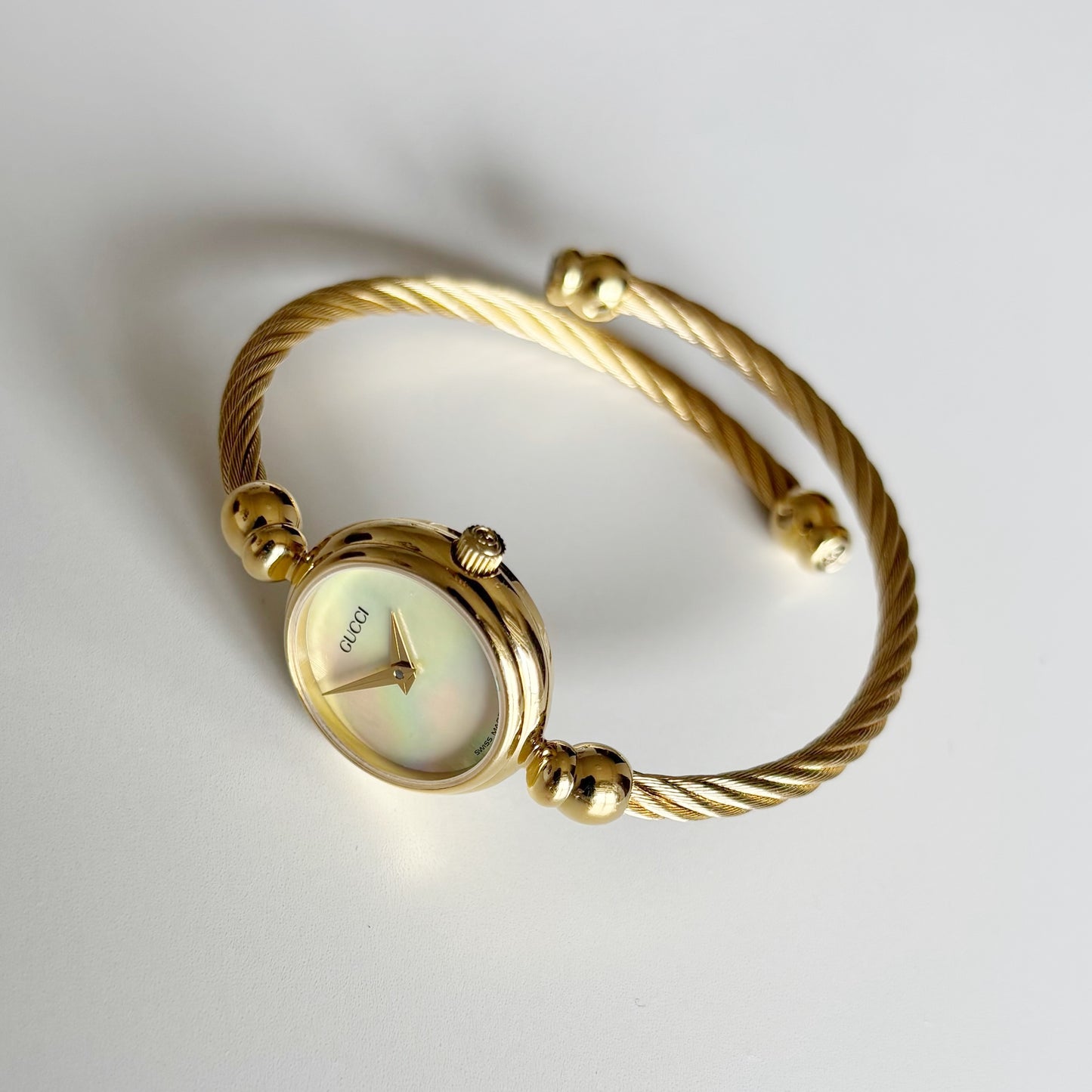 Gucci 1990s Seashell Dial Gold Plated Cable Bangle Watch