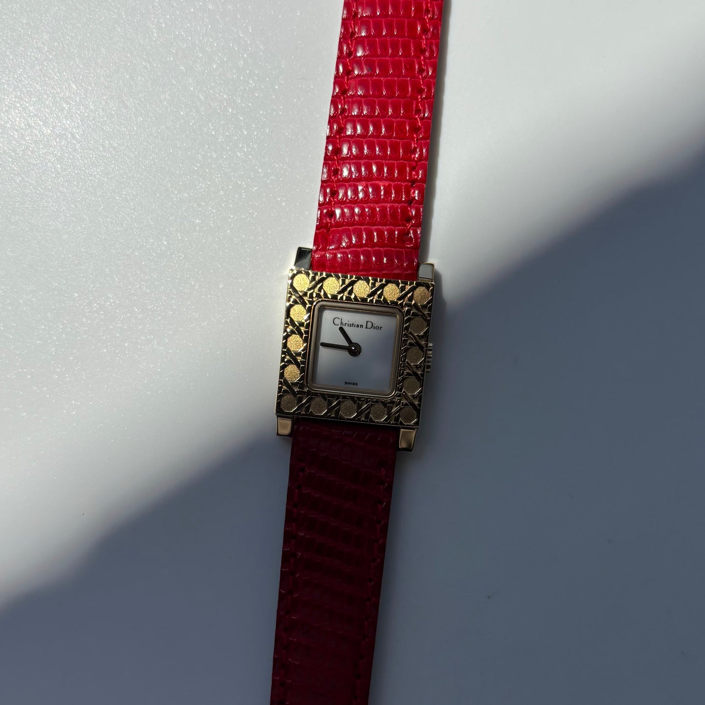 Dior 1990s La Parisienne Interchangeable Strap Square Dial Gold Plated Watch with 3 straps, case