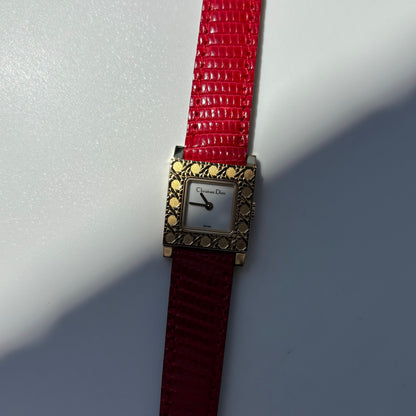 Dior 1990s La Parisienne Interchangeable Strap Square Dial Gold Plated Watch with 3 straps, case