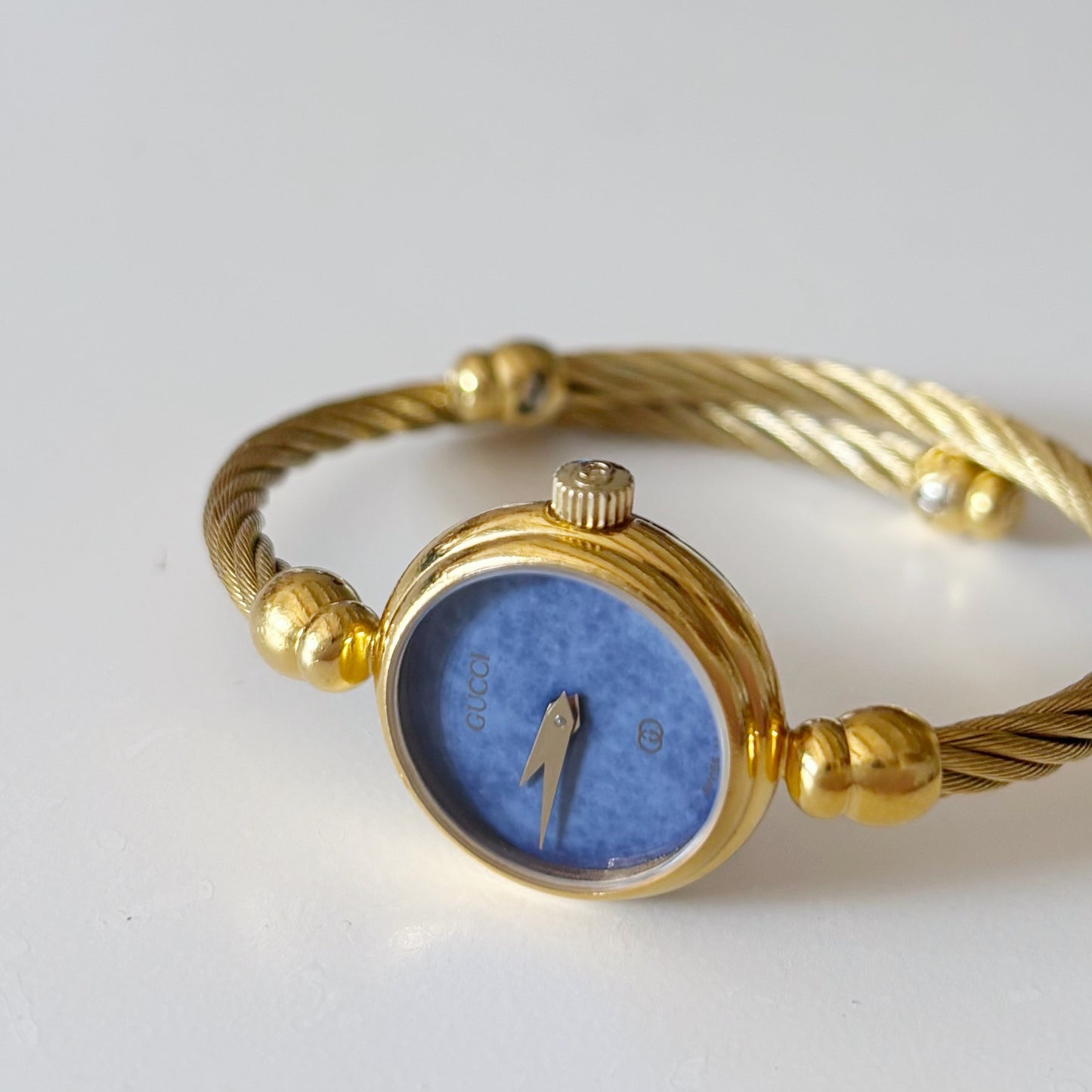 Gucci 1990s Blue Dial Gold Plated Cable Bangle Watch