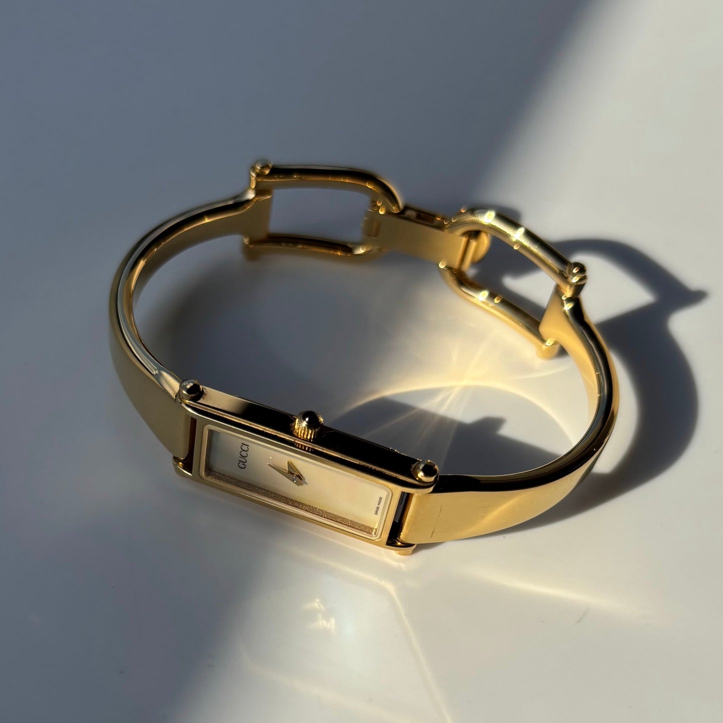 Gucci 1990s Seashell Dial Rectangular Gold Plated Bangle Watch