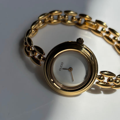 Gucci 1990s Interchangeable Bezel Gold Plated Race Chain Watch with case, 6 bezels (160mm)