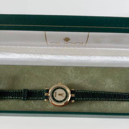 Gucci 1990s Round Dial Green Gold Plated Watch