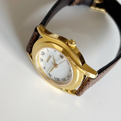 Gucci 1990s Date Round Dial Gold Plated Watch