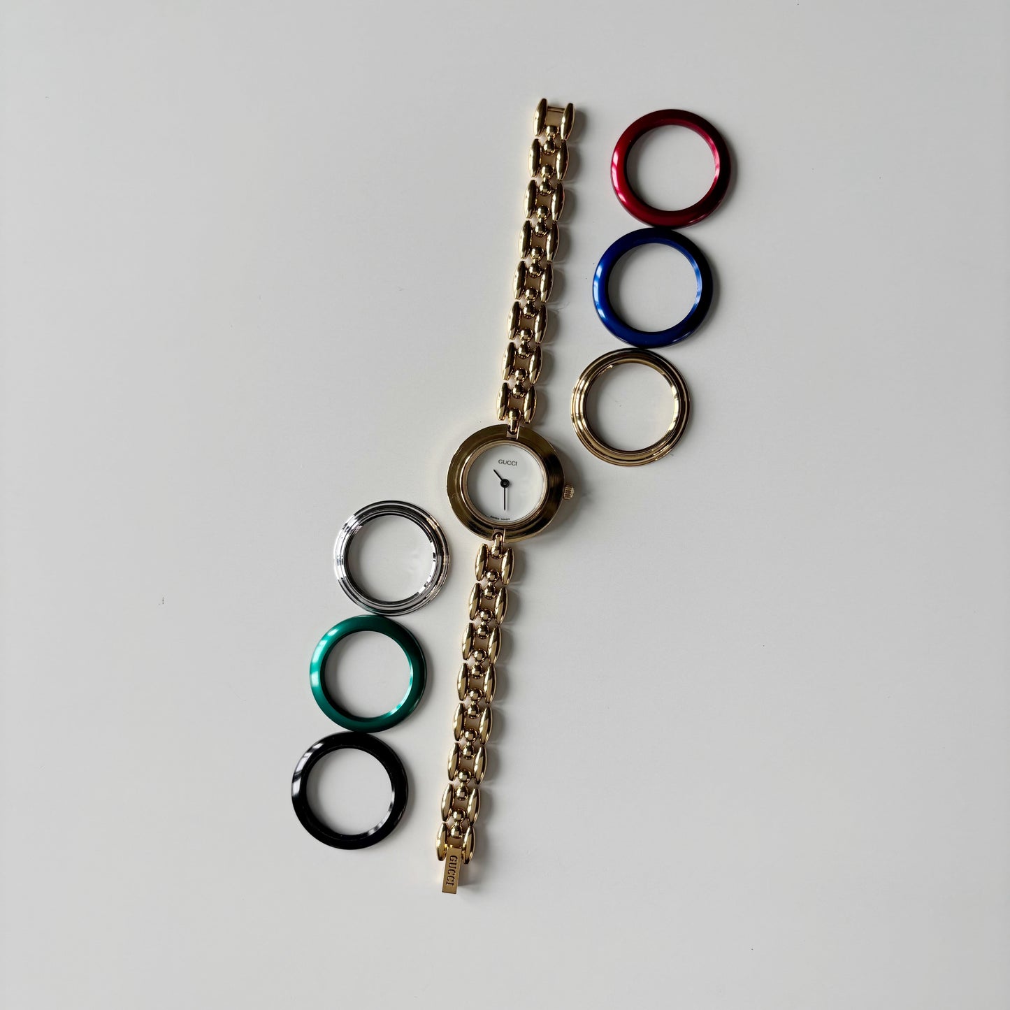 Gucci 1990s Interchangeable Bezel Gold Plated Rice Chain Watch with 6 bezels, case (160mm)