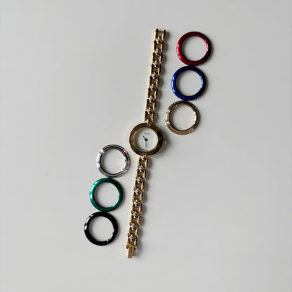 Gucci 1990s Interchangeable Bezel Gold Plated Rice Chain Watch with 6 bezels, case (160mm)
