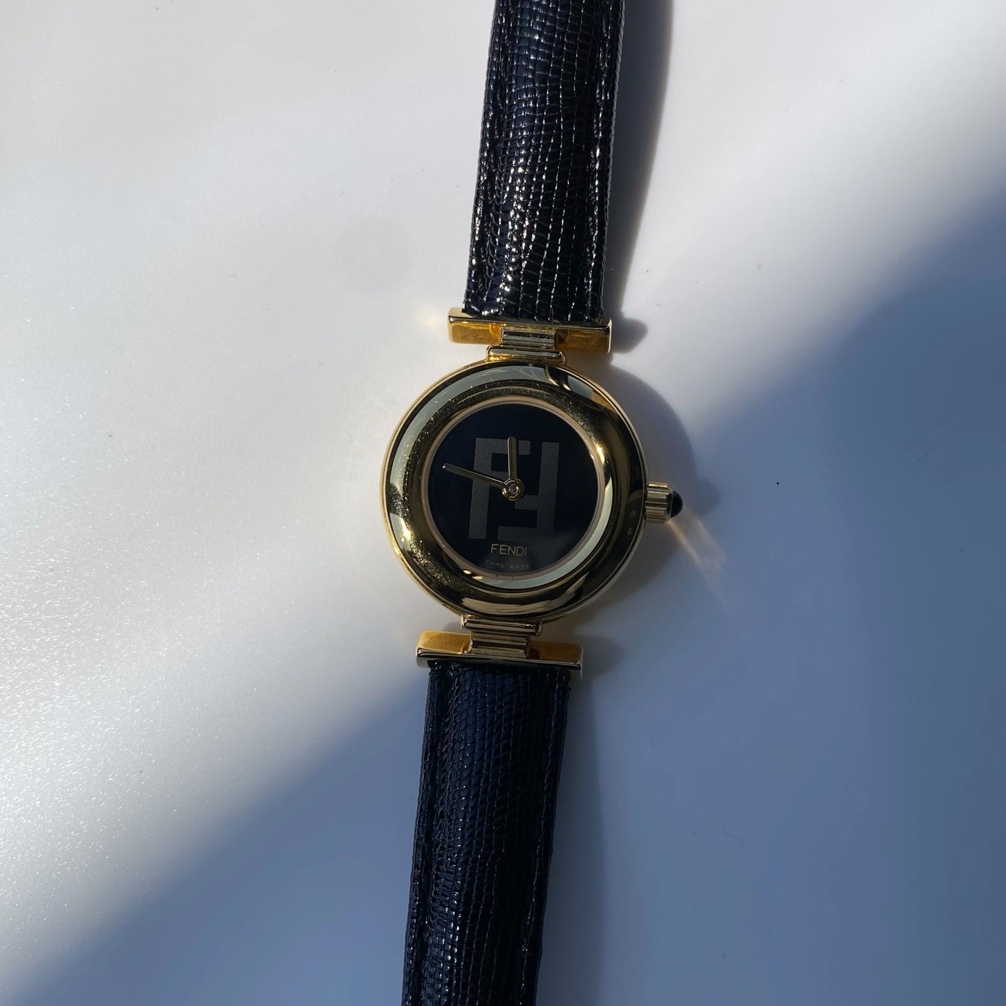 Fendi 1990s Black Dial Gold Plated Round Leather Watch