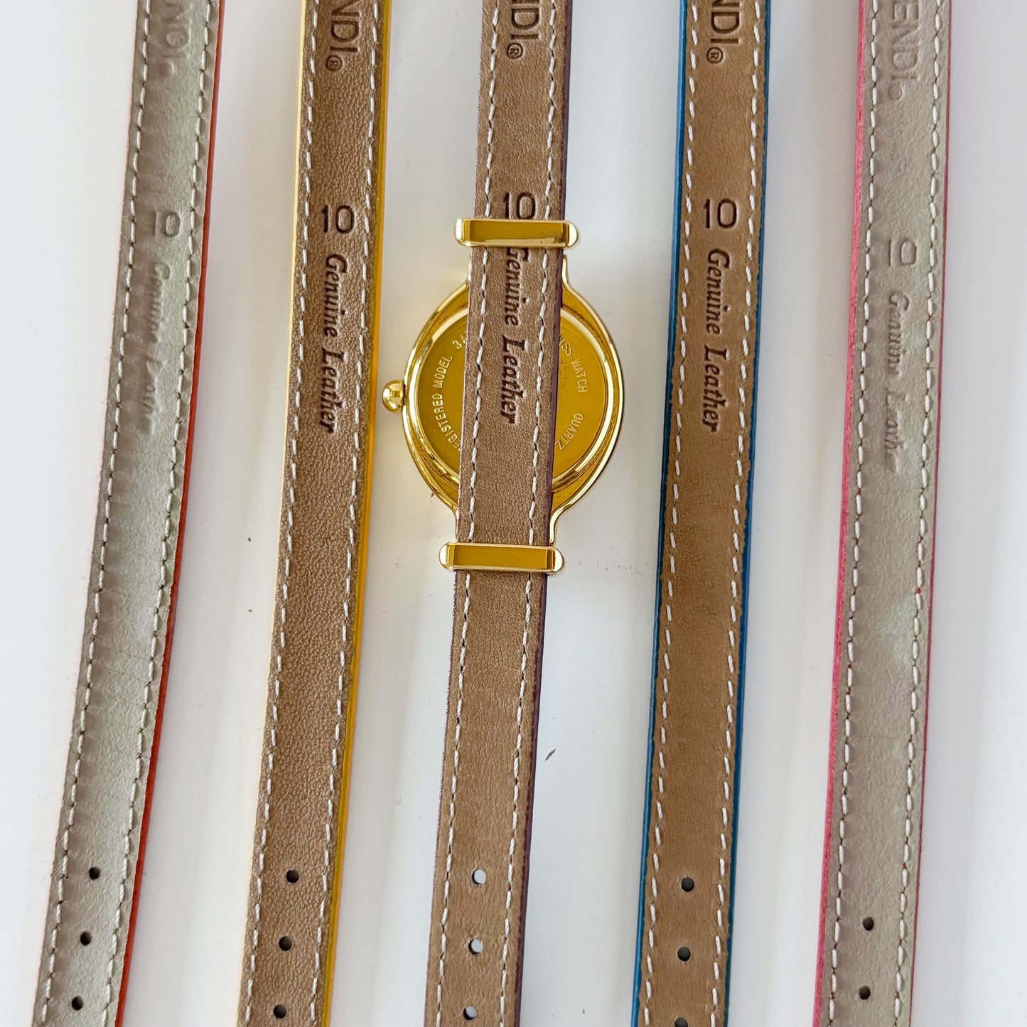Fendi 1990s Interchangeable Strap Gold Plated Watch with 5 straps, case