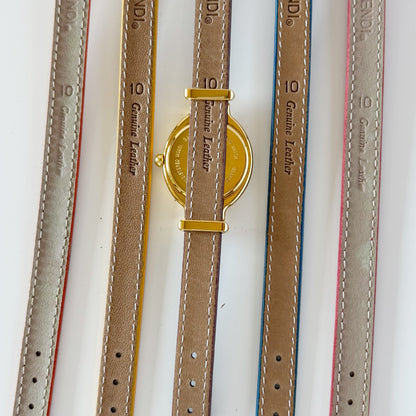 Fendi 1990s Interchangeable Strap Gold Plated Watch with 5 straps, case
