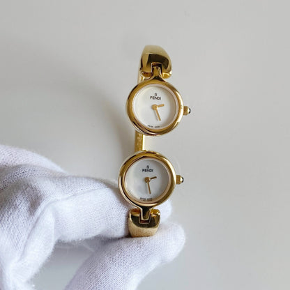 Fendi 1990s Seashell Dial Two Time Zone Gold Plated Bangle Watch