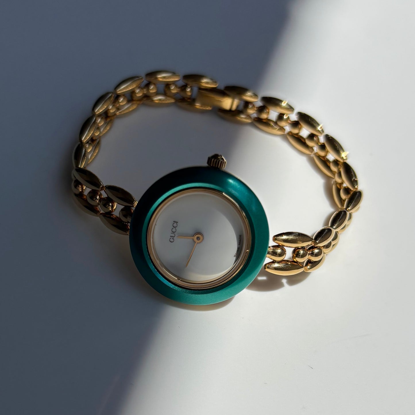 Gucci 1990s Interchangeable Bezel Gold Plated Rice Chain Watch with 6 bezels, case (166mm)