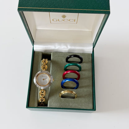 Gucci 1990s Interchangeable Bezel Gold Plated Watch with  6 bezels, case (167mm)