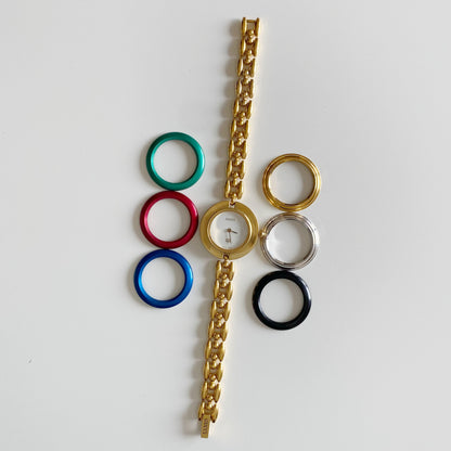 Gucci 1990s Interchangeable Bezel Gold Plated Watch with 6 bezels, case (165mm)