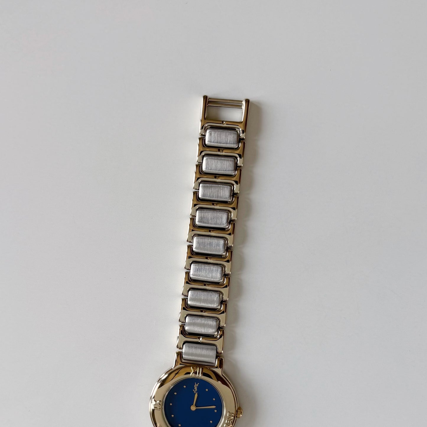Yves Saint Laurent 1990s Navy Round Dial Two Tone Gold Plated Watch
