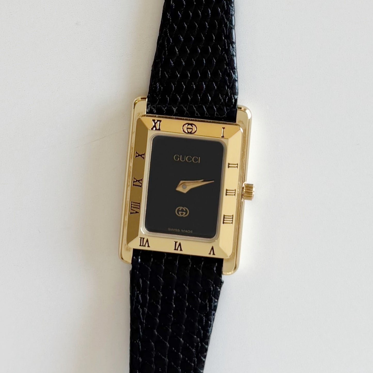 Gucci 1980s Black Dial Tank Gold Plated Watch
