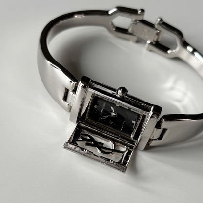 Yves Saint Laurent 1990s Black Dial Silver Bangle Watch