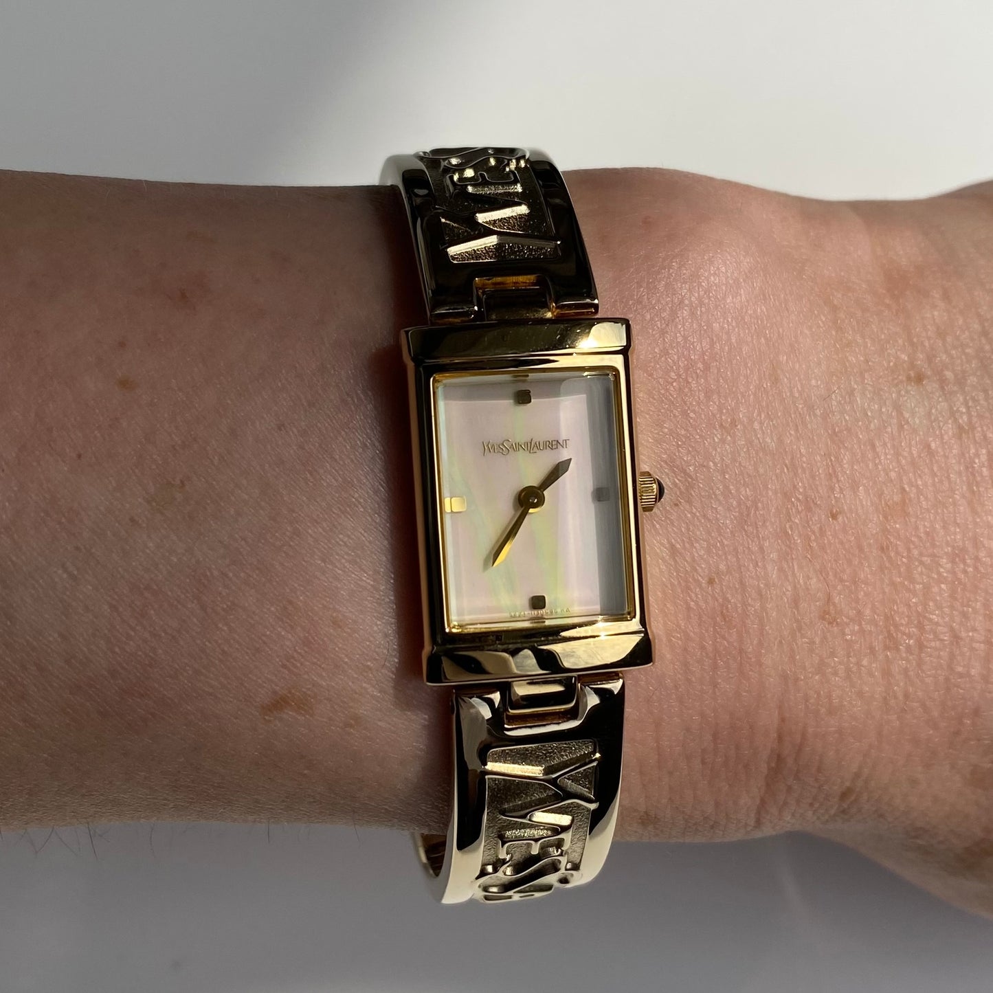 Yves Saint Laurent 1990s Seashell Dial Gold Plated Bangle Watch