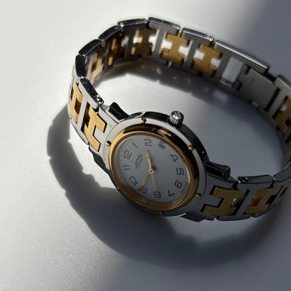 Hermes 1990s Clipper Round Dial Gold Plated Two Tone Watch