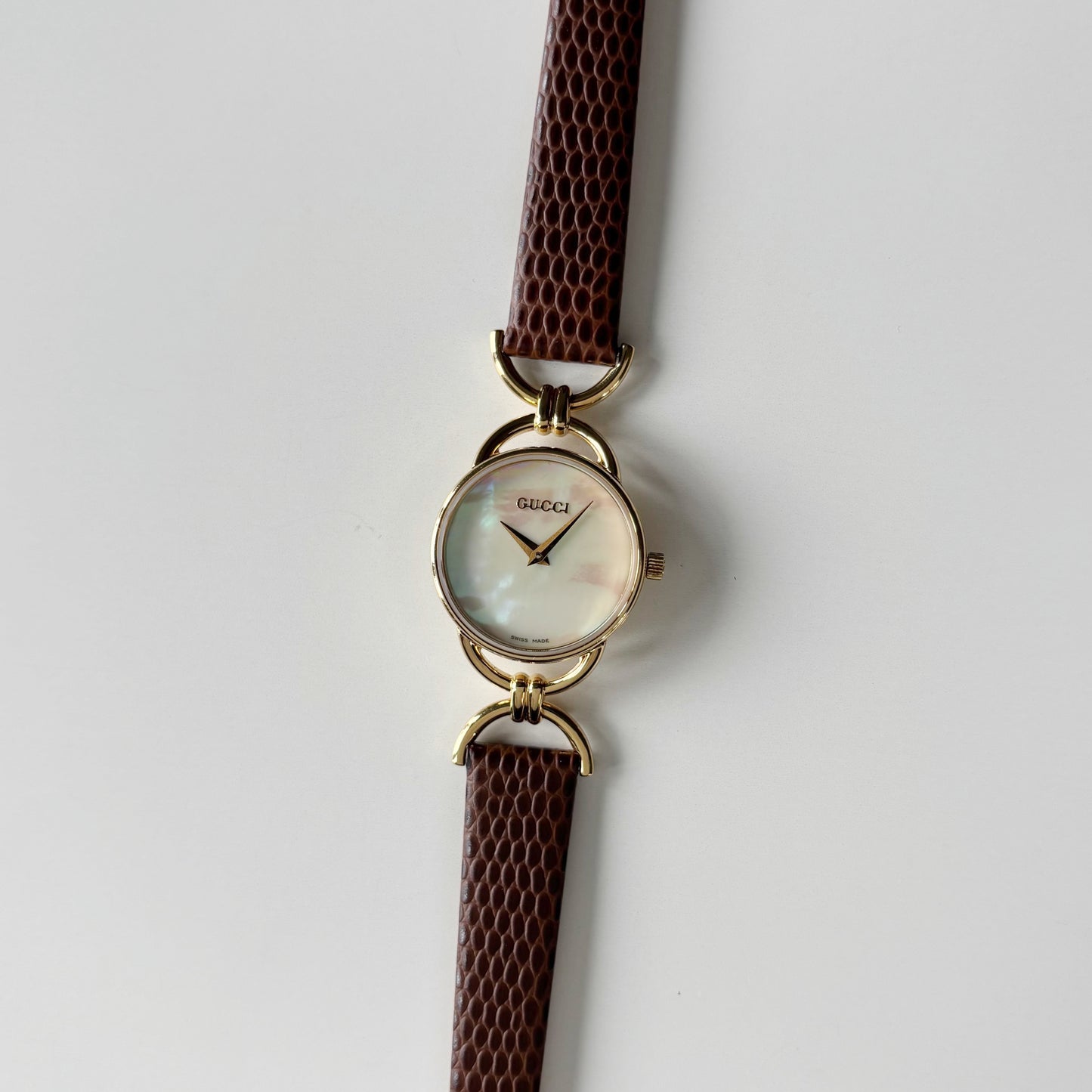 Gucci 1990s Seashell Dial Gold Plated Horsebit Gold Plated Watch